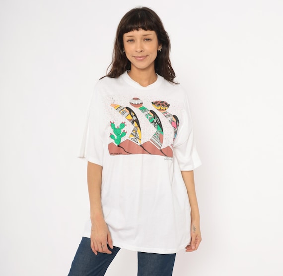 90s Southwestern Tee Harvest Maidens Native Art Cotton White Cream Desert Cactus Pueblo Women Pottery Vintage Shirt Western Extra Large XL