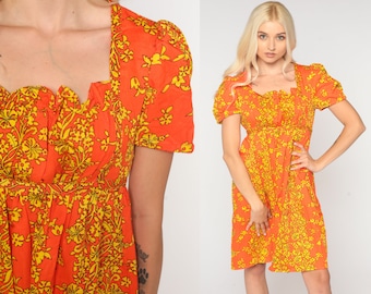 Neon Babydoll Dress 70s Mini Dress Hawaiian Puff Sleeve Boho Floral Peasant 1970s Hippie Bohemian Empire Waist Vintage Orange Small S