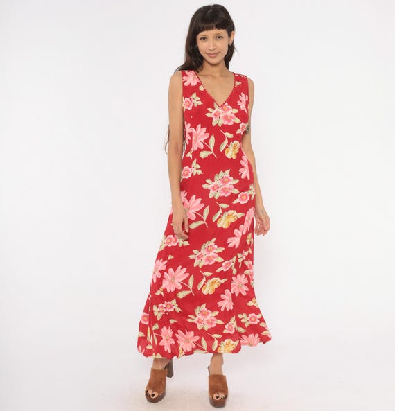 Red Floral Maxi Dress 90s Sleeveless V Neck Lace Trim Pink Flower Tie Back Waist Summer Sundress Cherry Garden Party Vintage Crimson Large L