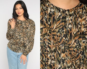 Animal Print Blouse Button Up Shirt 90s Tiger Print Blouse Long Sleeve Shirt 1990s Retro Leopard Spot Stripe Vintage Large 14
