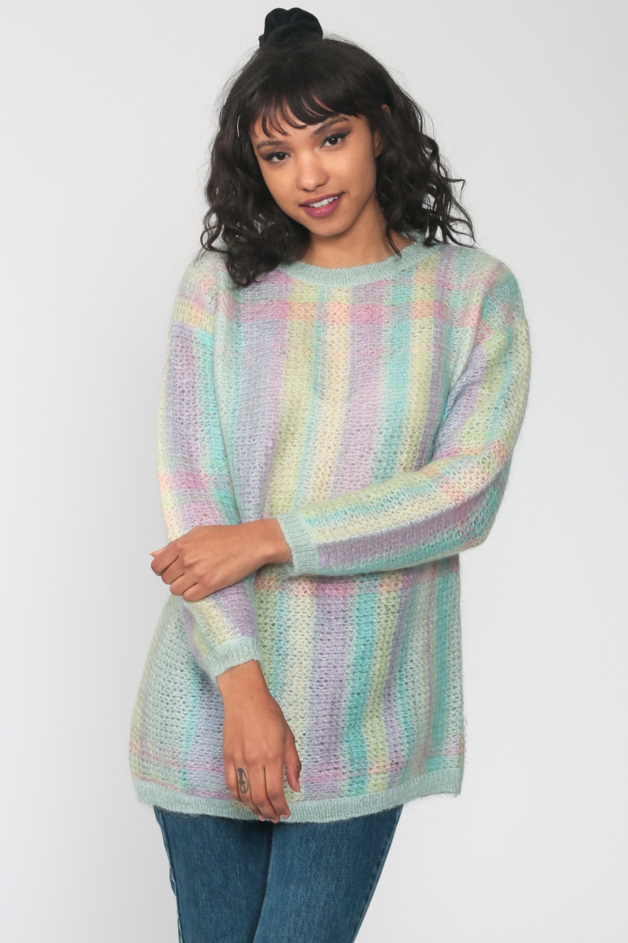 Pastel Mohair Sweater Sheer Slouchy 80s Striped Sweater Turquoise Purple Open Weave Boho 