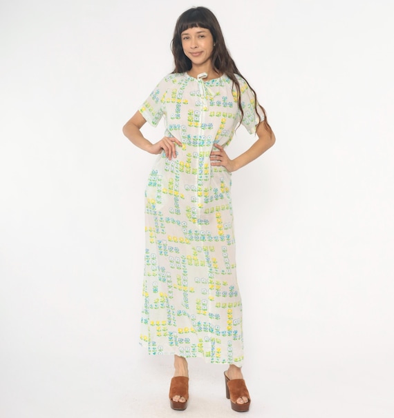 70s Hippie Housedress Floral Dress White Blue Yellow Green Tie Neck Button Front Prairie Cottagecore Summer Beach Garden Vacation Small S
