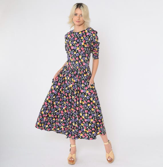 Vintage 80s Floral Pocket Dress Retro Black Drop Waist Midi Dress 1980s 3/4 sleeve Full Skirt Casual Purple Pink Yellow Spring Medium 7/8