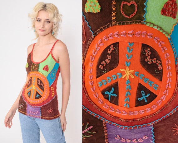 Peace Sign Tank Top Y2K Patchwork Hippie Shirt Em… - image 1