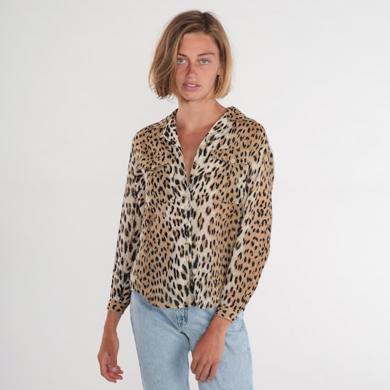 Leopard Print Blouse 90s Animal Print Shirt Button up Long Sleeve Top Collared V Neck Party Cheetah Pockets Vintage 1990s Liz Sport Medium M