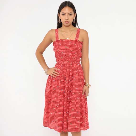 70s Red Sundress Sailboat Print Smocked Bodice Cotton Knee Length Strap Summer Prairie Floral Fit Flare Scarlet White Vintage Medium M