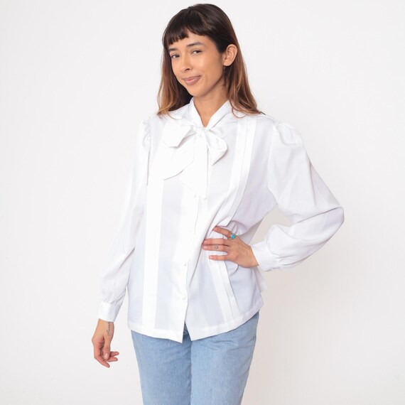 Bow Tie Blouse 90s White Long Sleeve Secretary Office Corporate Work Vintage Professional Classic Academic Career Business Formal Large L
