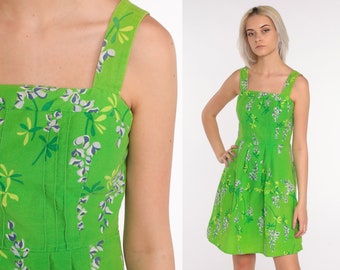 Malia Hawaii Dress 70s Summer Sun Boho 70s Sundress Mini Hawaiian Green Floral Dress Vintage 1970s Bohemian Hippie High Waist Extra Small xs