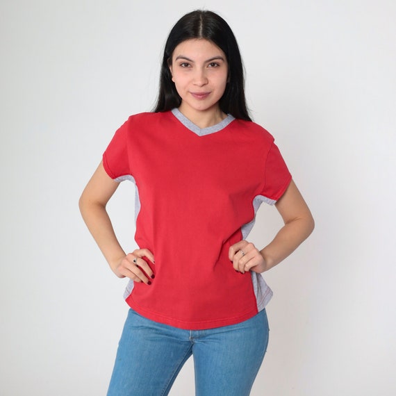 Red V Neck T Shirt 90s Ringer Tee Shirt Grey Striped TShirt Plain Top Retro Tee Short Sleeve Vintage Cotton Streetwear Athletic Medium