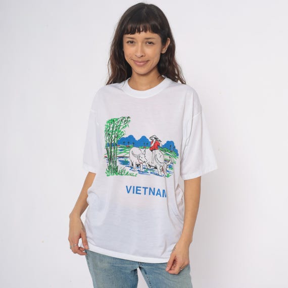 Vietnam Tourist Tee Souvenir Y2K White Graphic T Shirt Water Buffalo Bamboo Mountain Scene Travel Top Vintage Cotton Extra Large XL