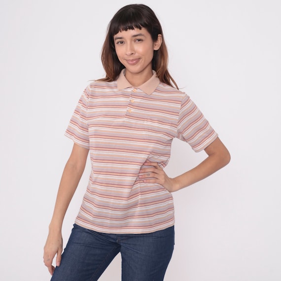Muted Peach Striped Polo Shirt 90s Collared Tee Short Sleeve Half Button up Multicolored Red Grey White Vintage 1990s Small Medium