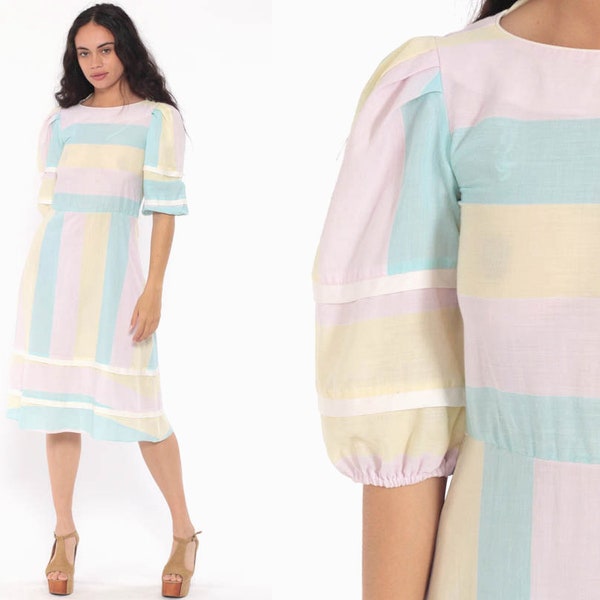 Pastel Striped Dress 80s PUFF Sleeve Midi Kawaii Puffy High Waisted Boho Hippie Retro Vintage Yellow Lavender Blue Minidress Extra Small xs