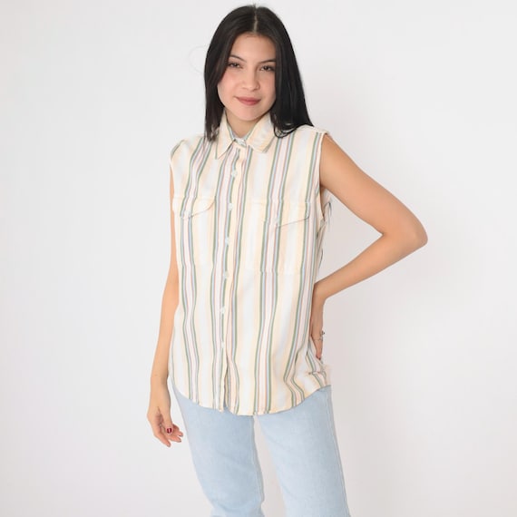 90s Striped Tank Top Multicolored Sleeveless Button up Shirt White Yellow Green Blouse Collar Cotton Vintage 1990s Chest Pocket Medium M