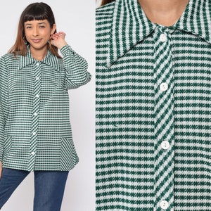 70s Checkered Blouse Button up Shirt Green White Houndstooth Check Print Top Collared Long Sleeve Longline Mod Vintage 1970s Extra Large xl image 1