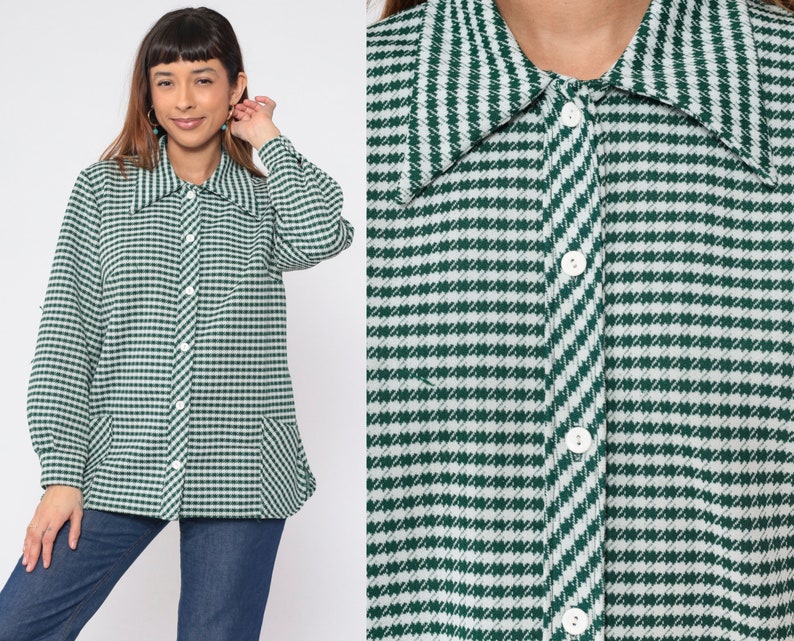 70s Checkered Blouse Button up Shirt Green White Houndstooth Check Print Top Collared Long Sleeve Longline Mod Vintage 1970s Extra Large xl image 1