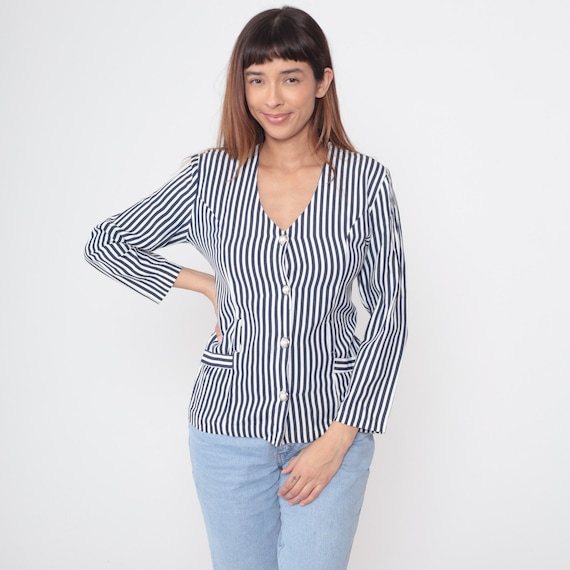 80s Nautical Shacket Striped Blouse Navy Blue White Striped Blazer Top Pearl Buttons Tailored Long Sleeve V Neck Jacket Vintage Medium M