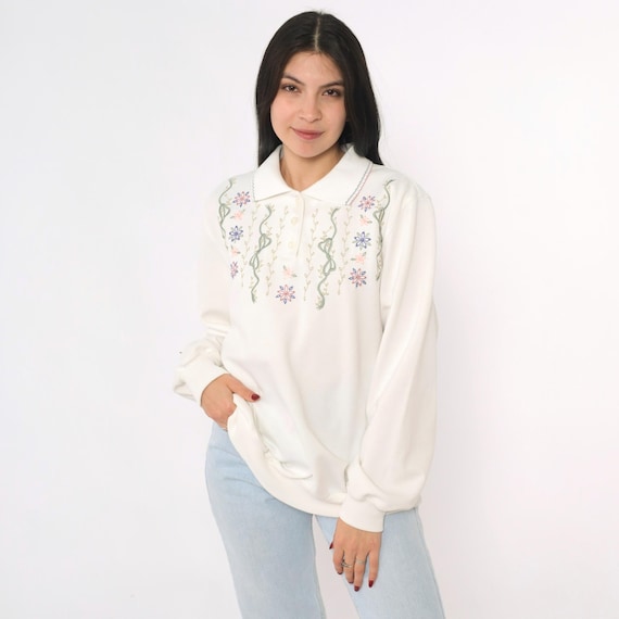 Vintage Floral Collared Sweatshirt 90s White Embroidered Grandma Sweatshirt Polo Retro Flower Print  Slouchy Graphic 1990s Large L