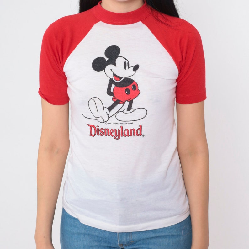 Vintage Disneyland Shirt 80s Mickey Mouse Raglan Tee Walt Disney Cartoon Graphic Baseball T-Shirt Nostalgia White Red Single Stitch 1980s XS image 7