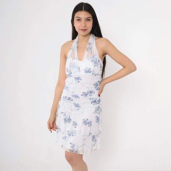 Vintage Floral Halter Dress Y2K Metallic Ruched Mini Chiffon Ruffled Flounce Hem V Neck Going Out 00s Sparkly Tiered Taboo Medium Large