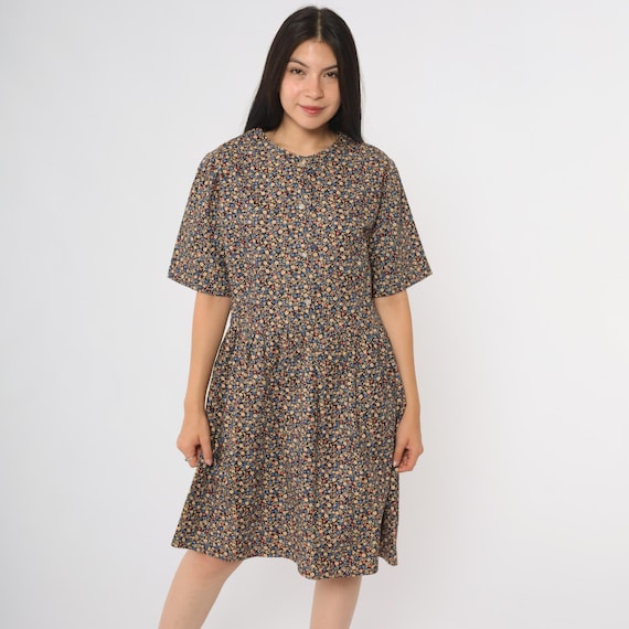 60s Calico Floral Dress Navy Floral Print Short Sleeve A Line Mini Round Neck Button Front Prairie Style  Mod Cute Summer Sweet Large L