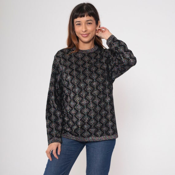 Metallic Geometric Sweater 80s Sparkly Knit Jumper Black Pink Blue 1980s Lurex Glitter Party Vintage Pullover Retro Crewneck Medium