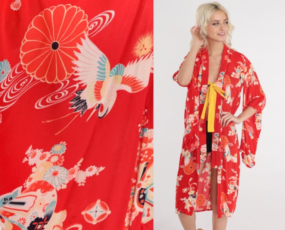 Red Floral Kimono 80s Robe Jacket Bohemian Tie Front Asian Inspired Flower Crane Bird Print Hippie Japanese House Coat Vintage 1980s Medium