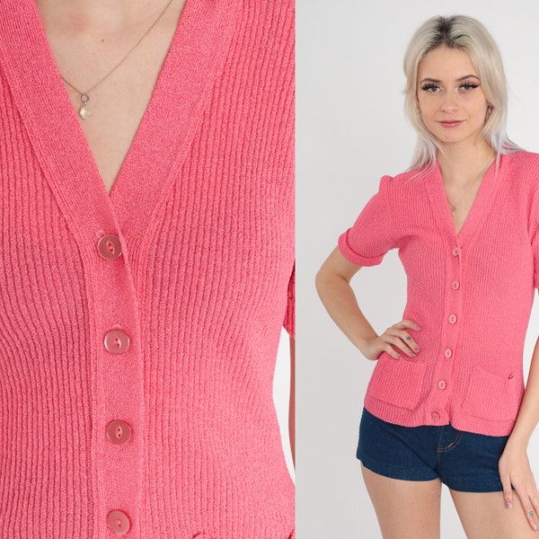 Pink Knit Top 70s 80s Cardigan Shirt Button Up Short Sleeve Sweater Retro Ribbed Basic Blouse V Neck Pockets Knitwear Vintage 1970s Small