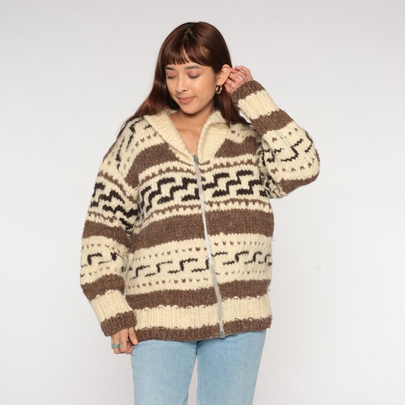 Cowichan Cardigan 70s Cream Brown Shawl Collar Zip Up Chunky Knit Geometric Pattern Wool Nordic Western Winter Sweater Vintage Medium M
