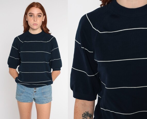 70s Knit Shirt Navy Blue Striped Top Short Sleeve Sweater Retro Basic Plain Tee Streetwear Seventies Vintage 1970s Acrylic Medium Large