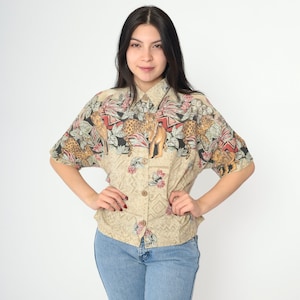 Vintage Safari Animal Shirt 90s Metallic Lion Leopard Print Top Button up Blouse Short Sleeve Novelty Wildlife Jungle 1990s Medium Large