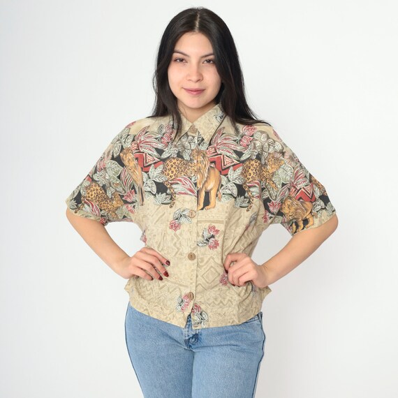Vintage Safari Animal Shirt 90s Metallic Lion Leopard Print Top Button up Blouse Short Sleeve Novelty Wildlife Jungle 1990s Medium Large