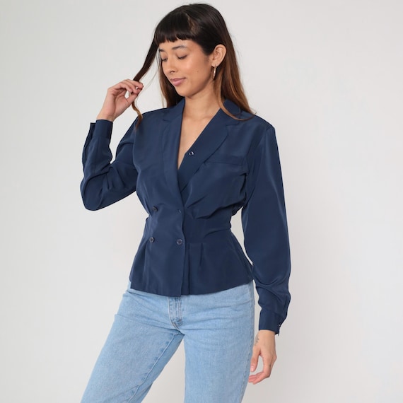 Navy Blue Blazer Blouse 80s Double Breasted Tie Back Notch Lapel Vintage Power Dressing Office  Career Professional Retro Small S 4