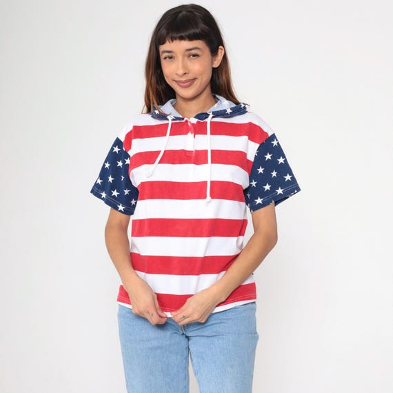 90s American Flag T-Shirt Hooded Stars and Stripes USA Shirt United States Hoodie Tshirt Retro Shirt Vintage T Shirt 1990s Youth Large