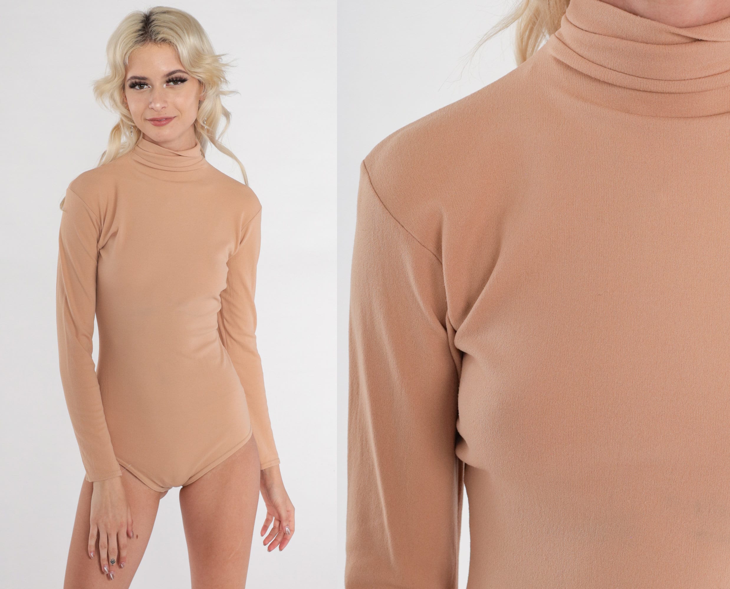 Beige Turtleneck Bodysuit 70s Long Sleeve Leotard Basic One Top Layering Shirt Plain Nude Body Suit Vintage 1970s Small xs