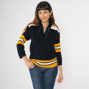 Vintage Franklin Hockey Jersey Sweater 70s Black Gold Striped Lace-Up V-Neck Hong Kong Acrylic 1970s Long Sleeve Pullover Large L