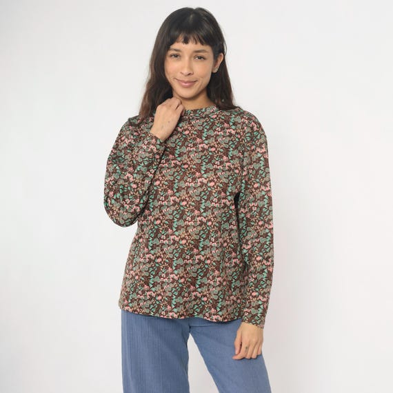 70s Floral Blouse Pullover Dark Brown Pink Mint Green Long Sleeve Cottagecore Prairie Top Vintage Feminine Chocolate Shirt Beige Medium M