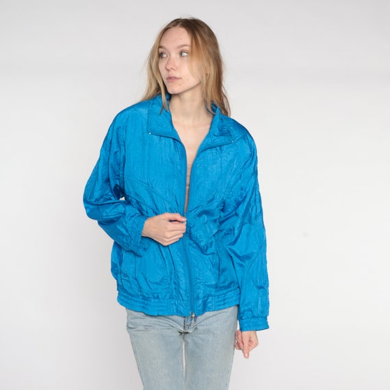Quilted Blue Windbreaker 80s 90s Zip Up Jacket Plain Retro Track Jacket Nylon Shell Normcore Shiny Basic Lightweight Jacket Vintage Medium