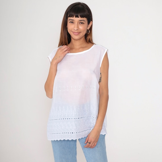 Eyelet Lace Blouse 80s Sheer White Floral Embroidered Tank Top Boho Shirt Sheer 1980s Bohemian Tunic Top Sleeveless Vintage Summer Large xl