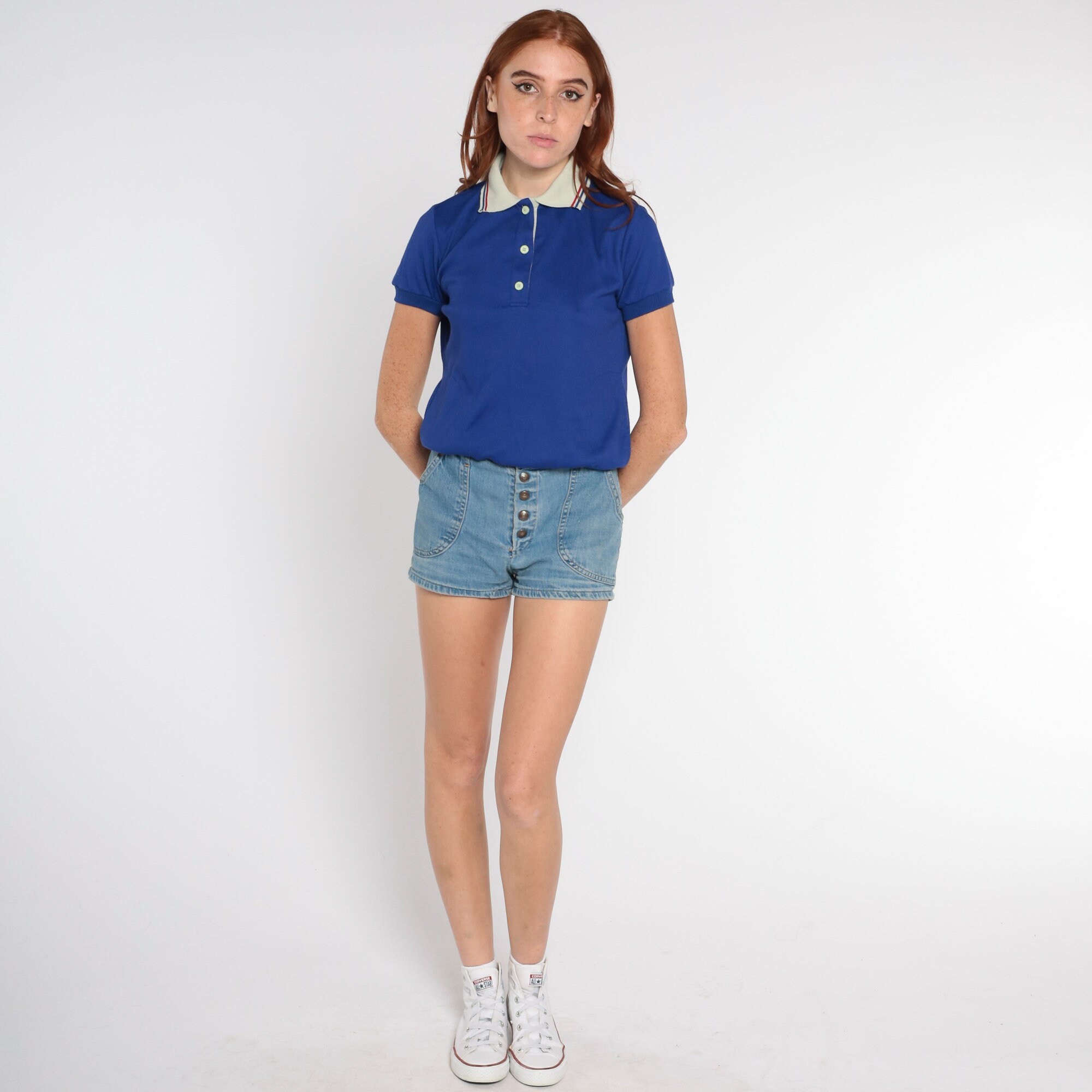 Blue Knit Polo Shirt 80s Woven Top Retro Short Sleeve Collared Preppy ...