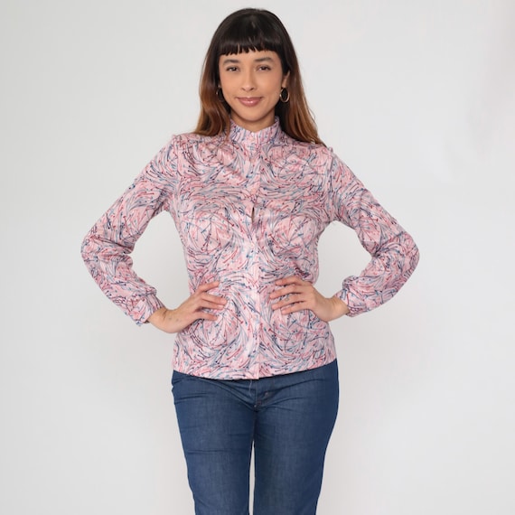 70s Pink Blouse Abstract Pattern Button Up Mandarin Collar Swirl Print Long Sleeve Navy Blue Teal Brushstroke Art Watercolor Style Medium M