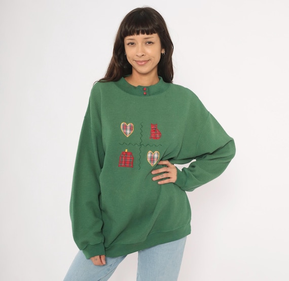 90s Barn Cat Sweatshirt Plaid Applique Green Tartan Heart Embroidered Cotton Country Cottage Farm Animal Waffle Knit Vintage Extra Large XL
