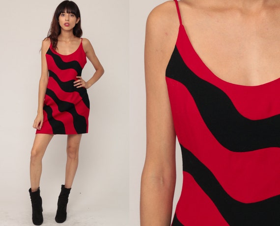 90s Party Dress Red WOOL Dress WAVY STRIPED Dress Mini Vintage Cocktail Dress Sheath Black Spaghetti 1990s Sleeveless Sexy Medium