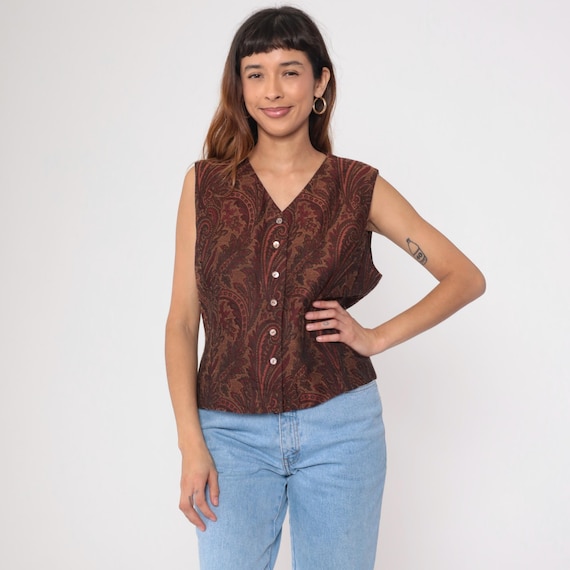 Jacquard Paisley Vest 90s Button up Tapestry Vest Retro Burnt Orange Red V Neck Groovy Print Hippie Tank Top Vintage 1990s Large 12