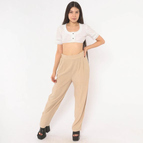 90s Pleated Trousers Tan High Waist Tapered Leg Sand Beige Slouchy Pants Khaki Relaxed Fit Slacks Camel Neutral Vintage Womens Medium M