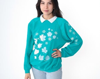Sudadera con estampado de hojas de los años 90, copo de nieve, verde azulado, gráfico, hojas de arce, cuello holgado, suéter Morning Sun, retro, vintage, años 80, grande