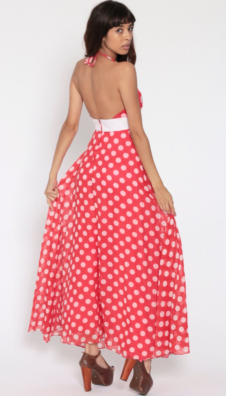 Polka Dot Maxi Dress 70s HALTER NECK Red White Backless 1970s | Etsy