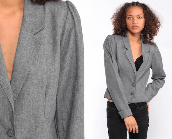 Puff Sleeve Blazer Jacket 80s Grey Jacket Office Secretary Vintage 1980s Women Layering Jacket Lightweight Extra Small xs xxs