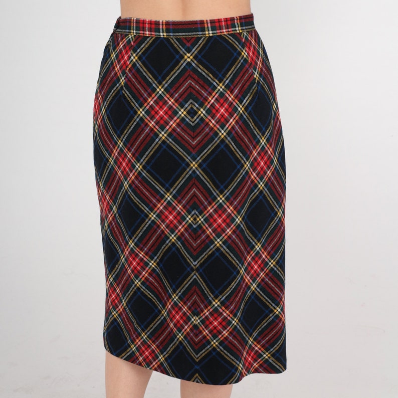 Wool Plaid Skirt 70s Tartan Skirt Midi Black Red School Girl High Waist Checkered Retro Vintage 1970s Lolita Small S image 7