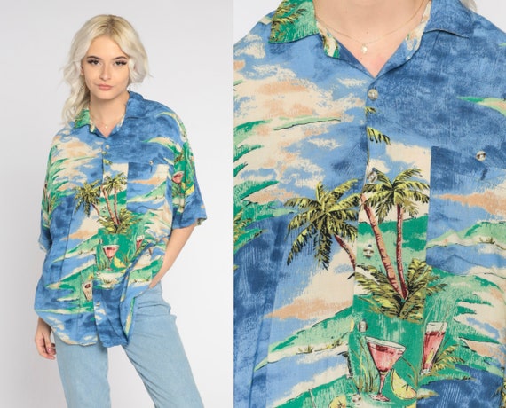Blue Hawaiian Shirt Y2k Tropical Button Up Palm Tree Island Cocktail Print Retro Surfer Tourist Top Short Sleeve Vintage 00s Men's Large L