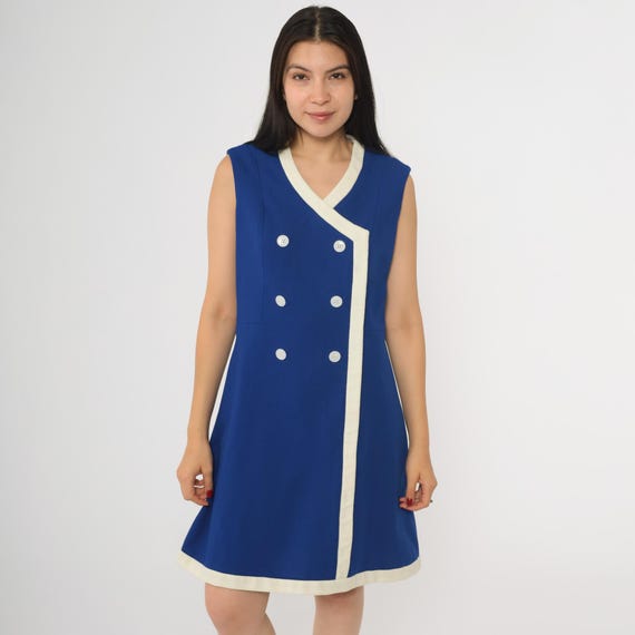 Vintage Double Breasted Mod Mini Dress 60s Blue White Button Up Shift Stewardess Dress Gogo Twiggy 1960s Sleeveless Kay Windsor Small